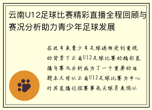 云南U12足球比赛精彩直播全程回顾与赛况分析助力青少年足球发展